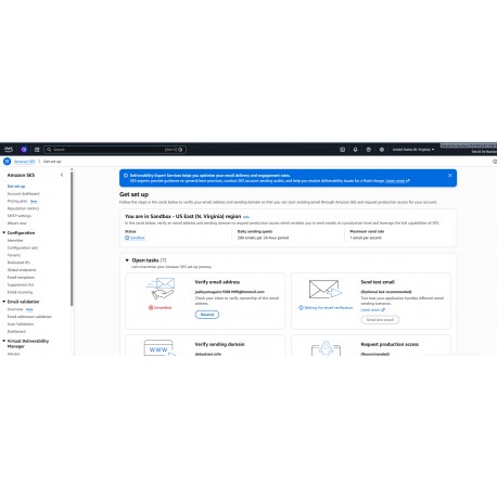 AWS console | Amazon SES (Email Sending) | Currently limited to 200 emails per day (Sandbox)